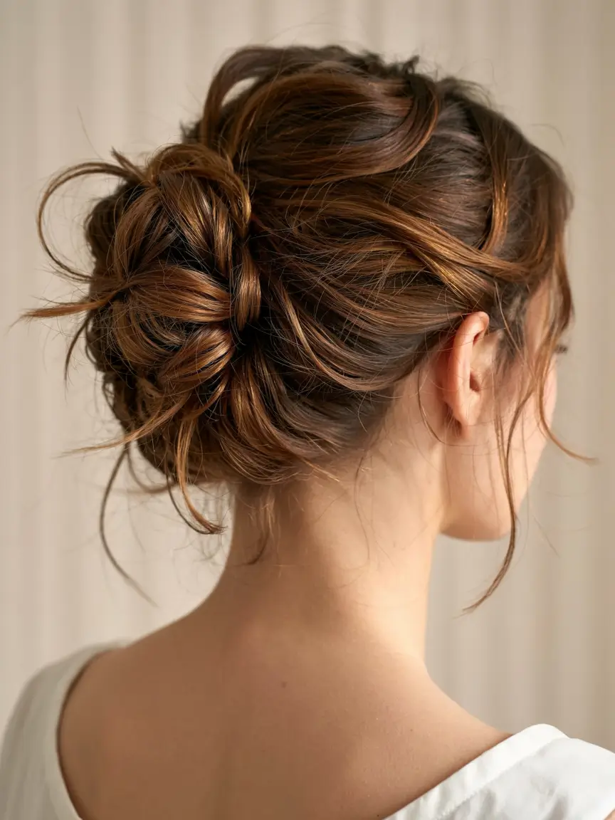 fall hairstyle for medium hair 2025 Layered Fall Bun with Soft Strands