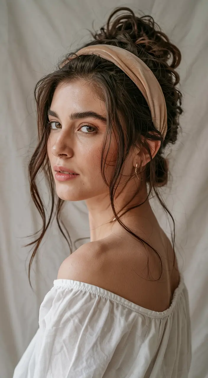 fall hairstyle for medium hair 2025 Curly Top Knot with a Velvet Headband