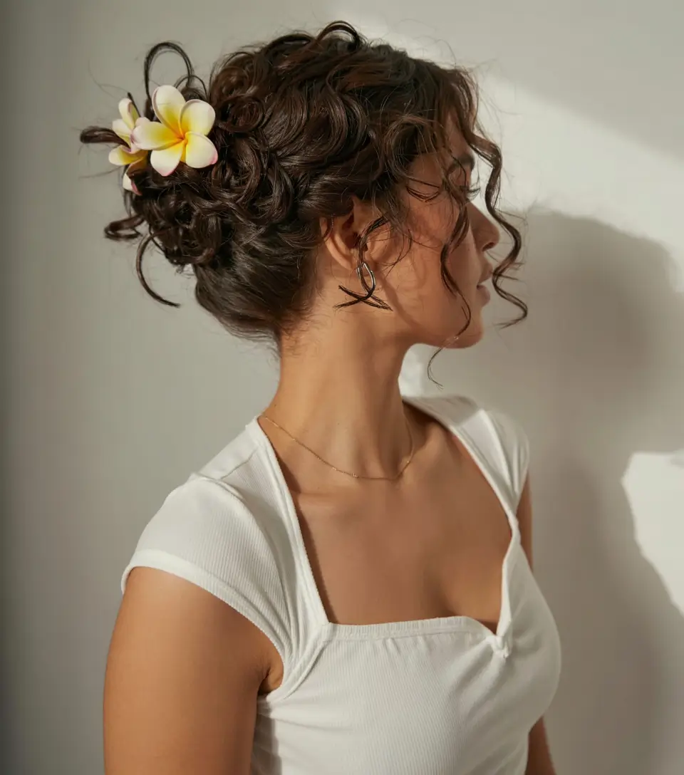 fall hairstyle for medium hair 2025 Textured Bun with Florals