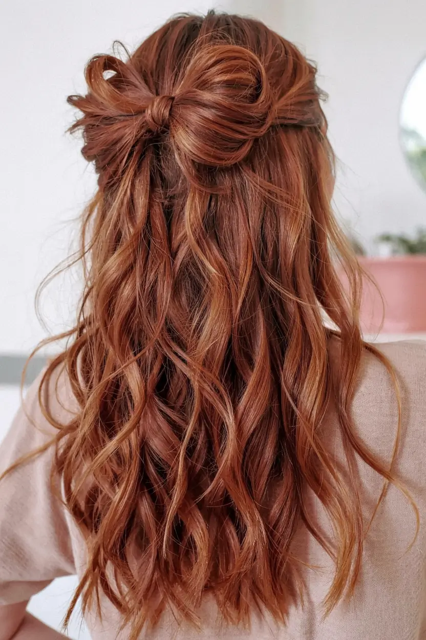 fall hairstyle for medium hair 2025 Ribbon Bow Half-Up with Auburn Waves