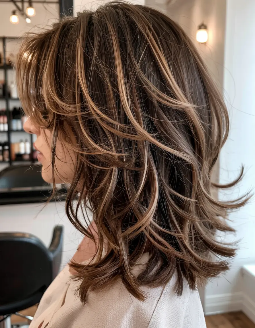 fall hairstyle for medium hair 2025 Feathered Layered Cut with Ashy Lowlights