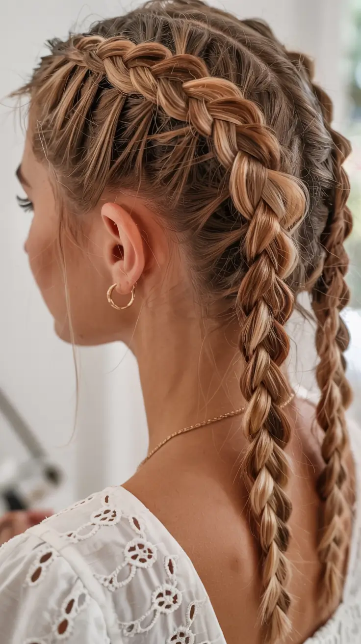 fall hairstyle for medium hair 2025 Double Braids with Contrast Blonde Dimension