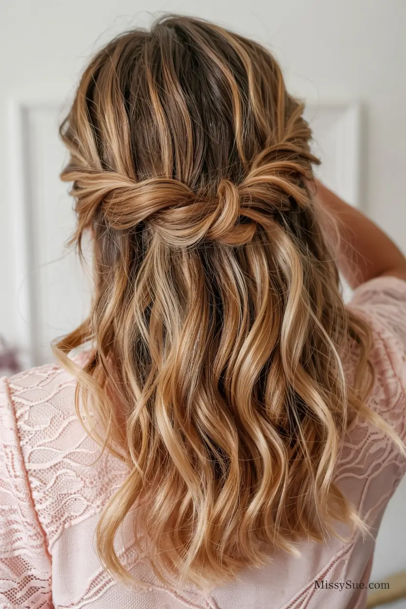 fall hairstyle for medium hair 2025 Whimsical Knot with Golden Waves