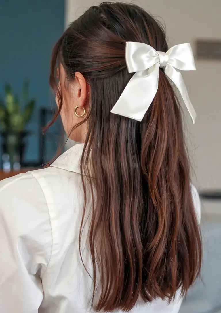 fall hairstyle for medium hair 2025 Playful Bow Meets Half-Up Charm
