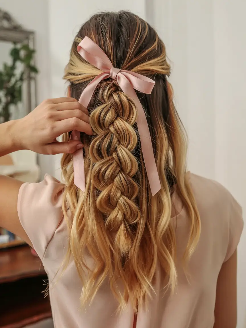 fall hairstyle for medium hair 2025 Ribboned Pull-Through Plait
