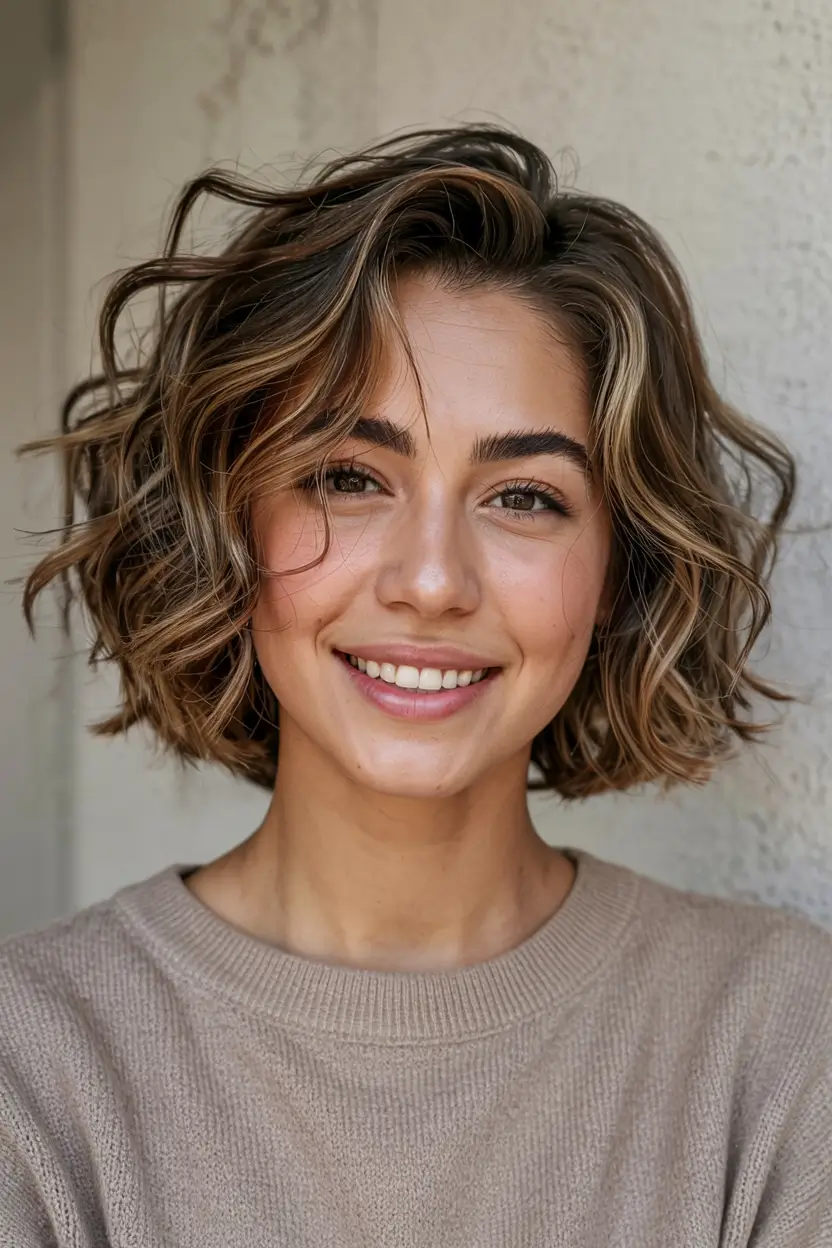 fall hairstyle short hair ideas 2025+Curled-In Bob with Caramel Contour