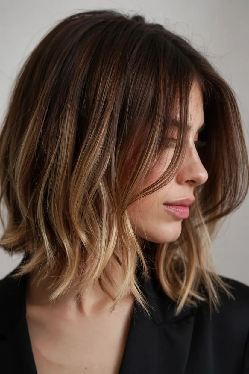 fall hairstyle short hair ideas 2025+Soft Balayage Lob with Curtain Layers