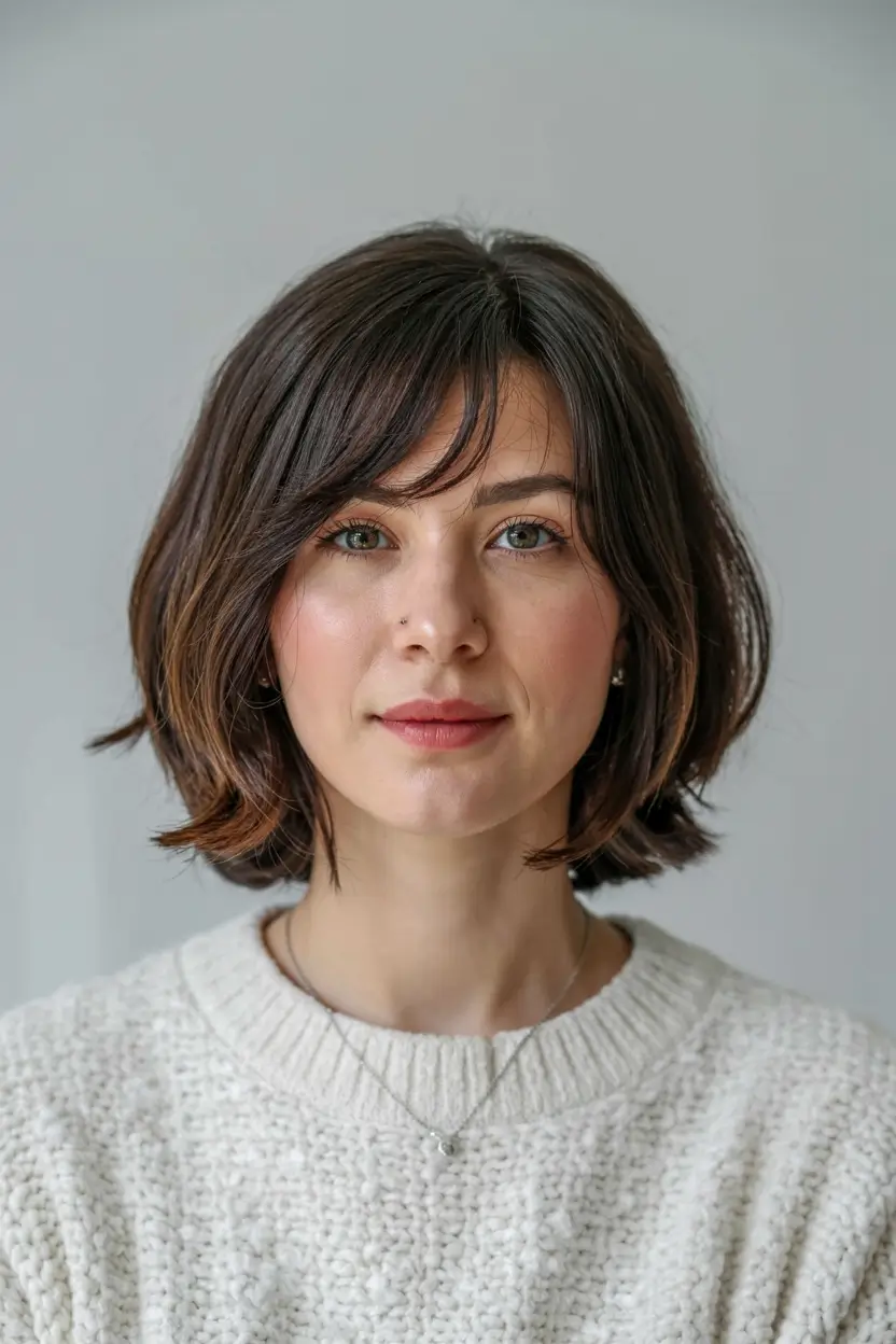 fall hairstyle short hair ideas 2025+Soft Bob with Swooping Bangs