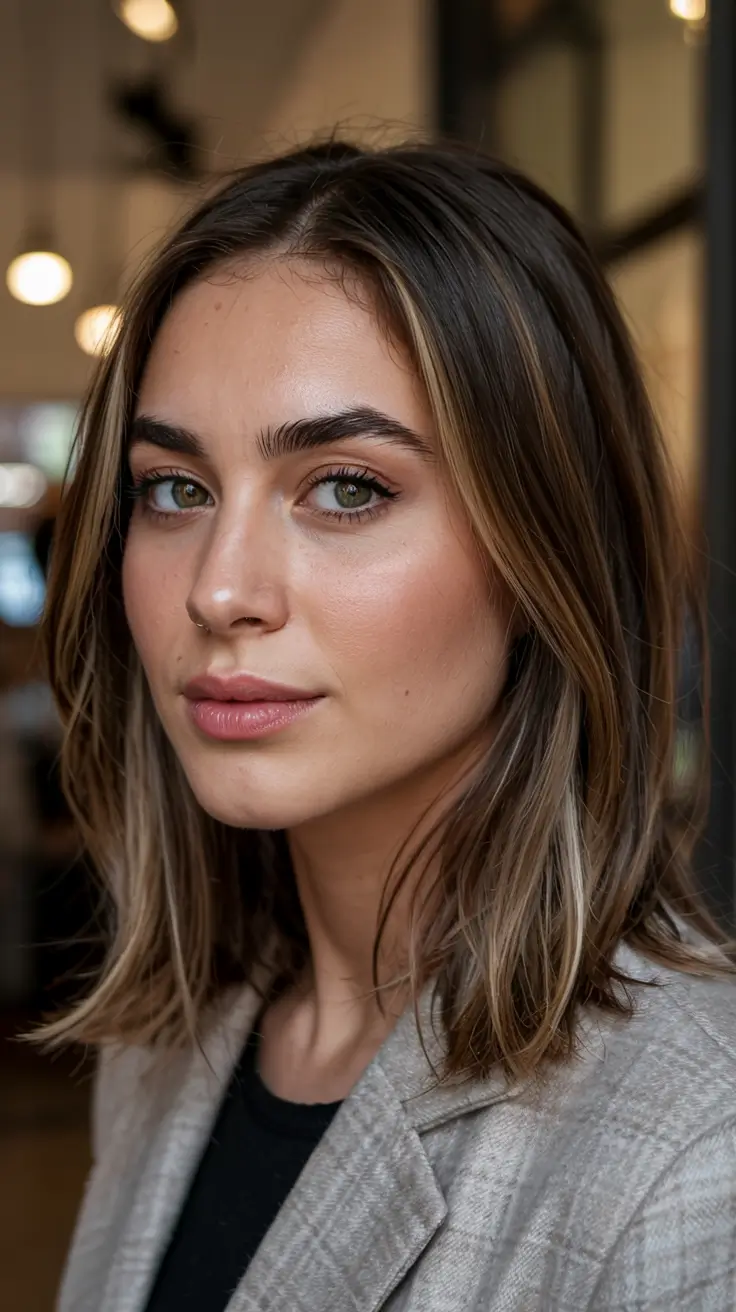 fall hairstyle short hair ideas 2025+Sleek Lob with Subtle Lowlights