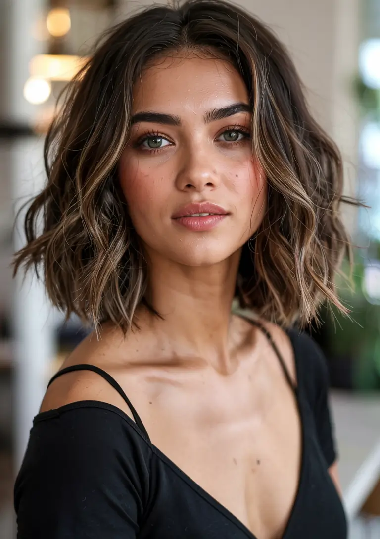 fall hairstyle short hair ideas 2025+Textured Brunette Shag-Bob