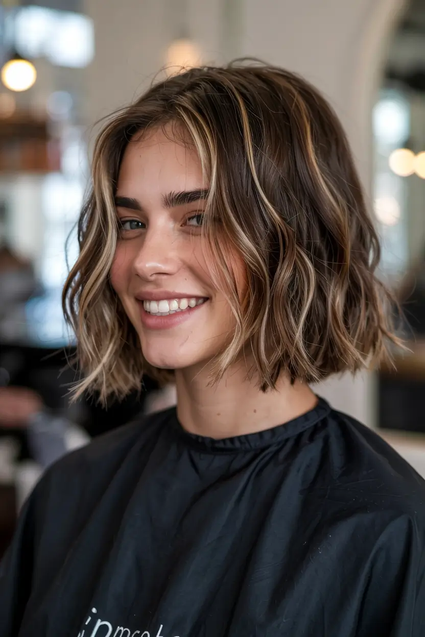 fall hairstyle short hair ideas 2025+Honeyed Wavy Bob with Pop-Lights