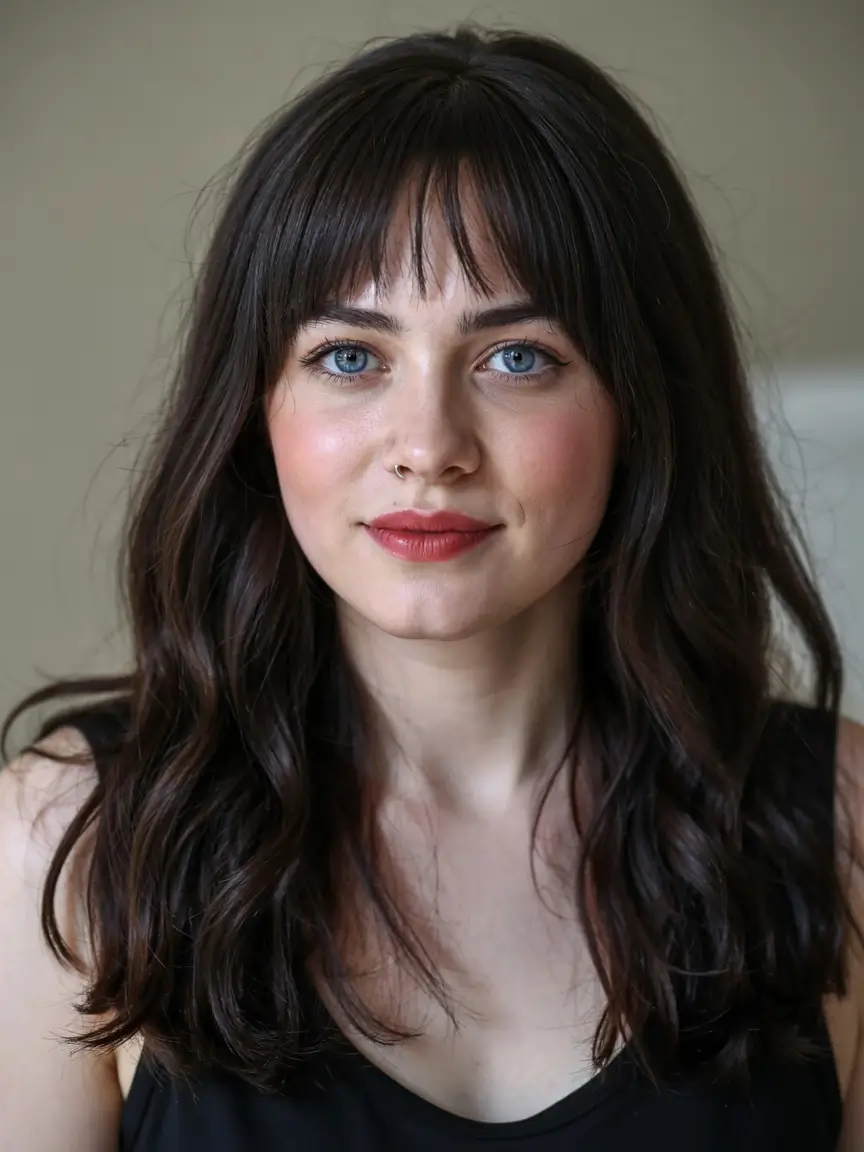 fall hairstyles for round faces ideas 2025 Classic Full Fringe with Loose Layers