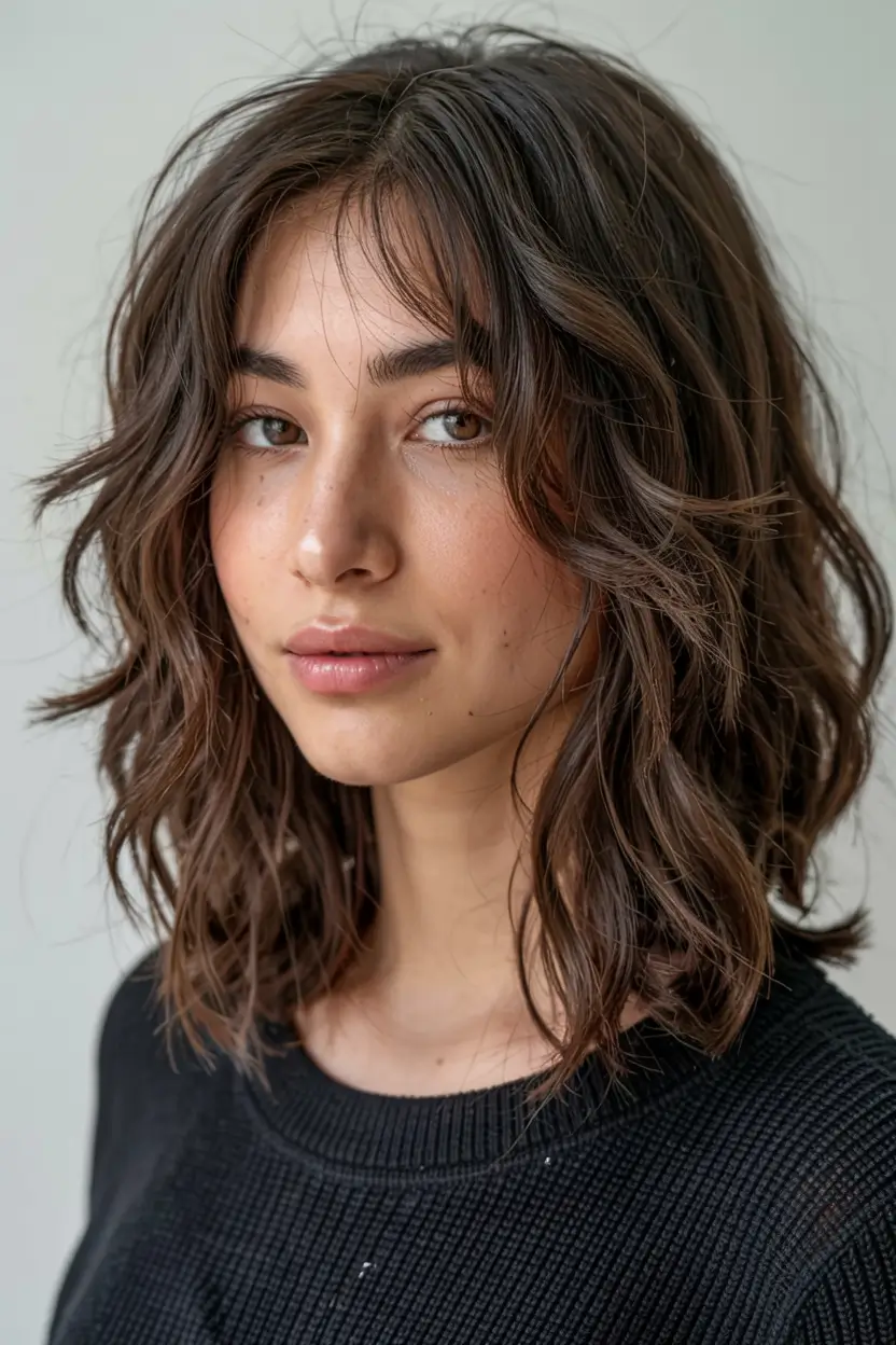 fall hairstyles for round faces ideas 2025 Loose Layers with a Piecey Curtain Bang