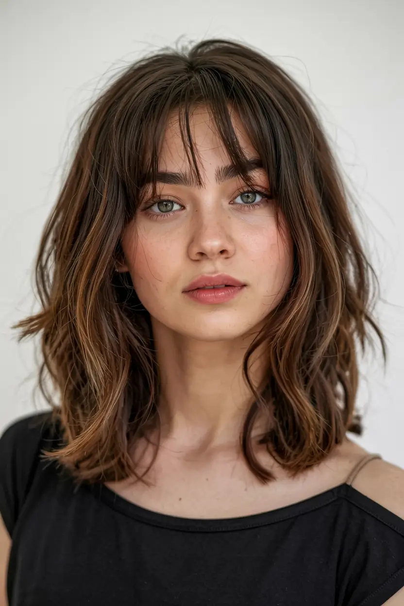 fall hairstyles for round faces ideas 2025 Mid-Length Shag with Wispy Fringe