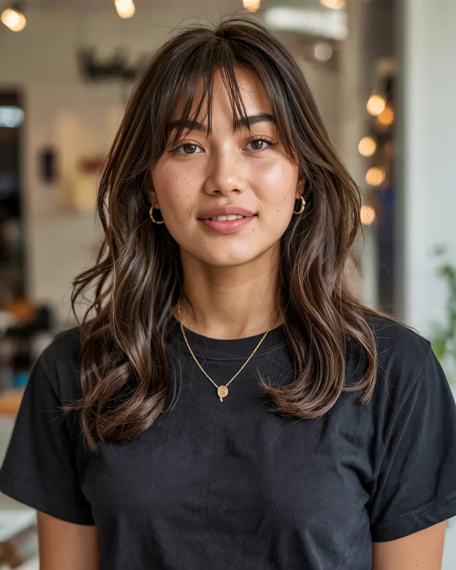 fall hairstyles for round faces ideas 2025 Feathered Layers with Airy Bangs