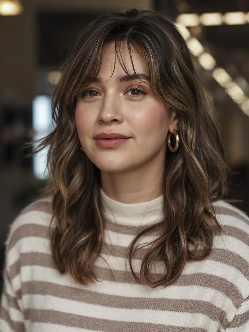 fall hairstyles for round faces ideas 2025 Mid-Length Cut with Side-Tucked Curtain Bangs