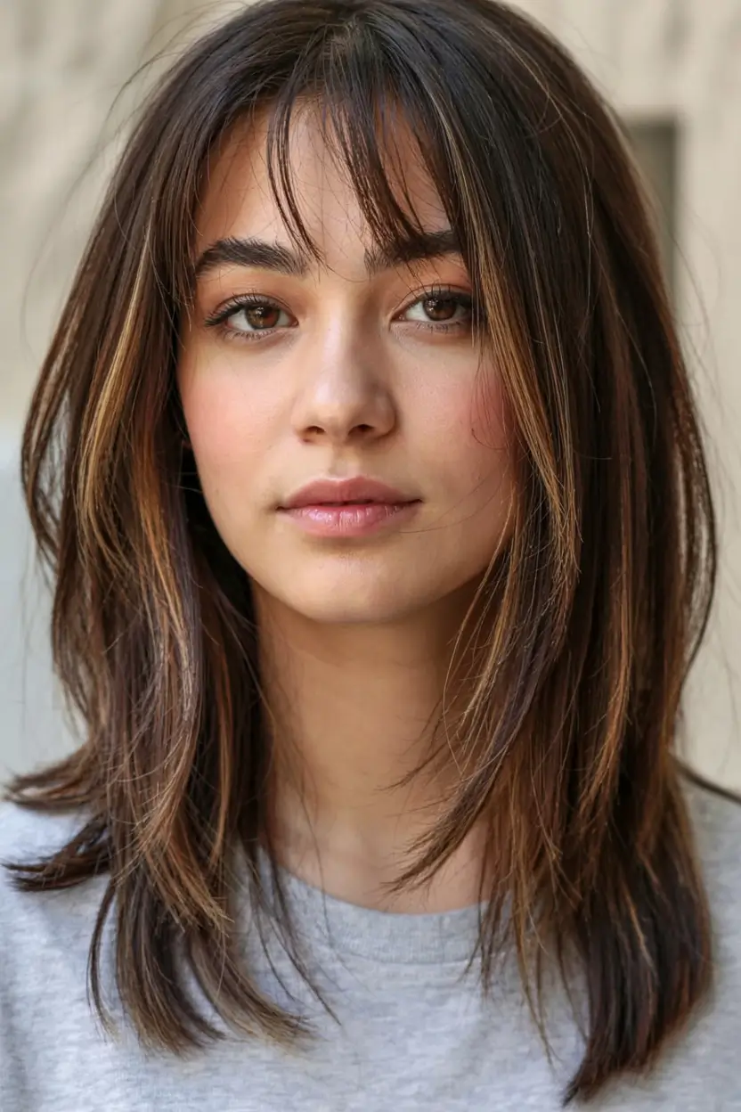 fall hairstyles for round faces ideas 2025 Layered Cut with See-Through Bangs