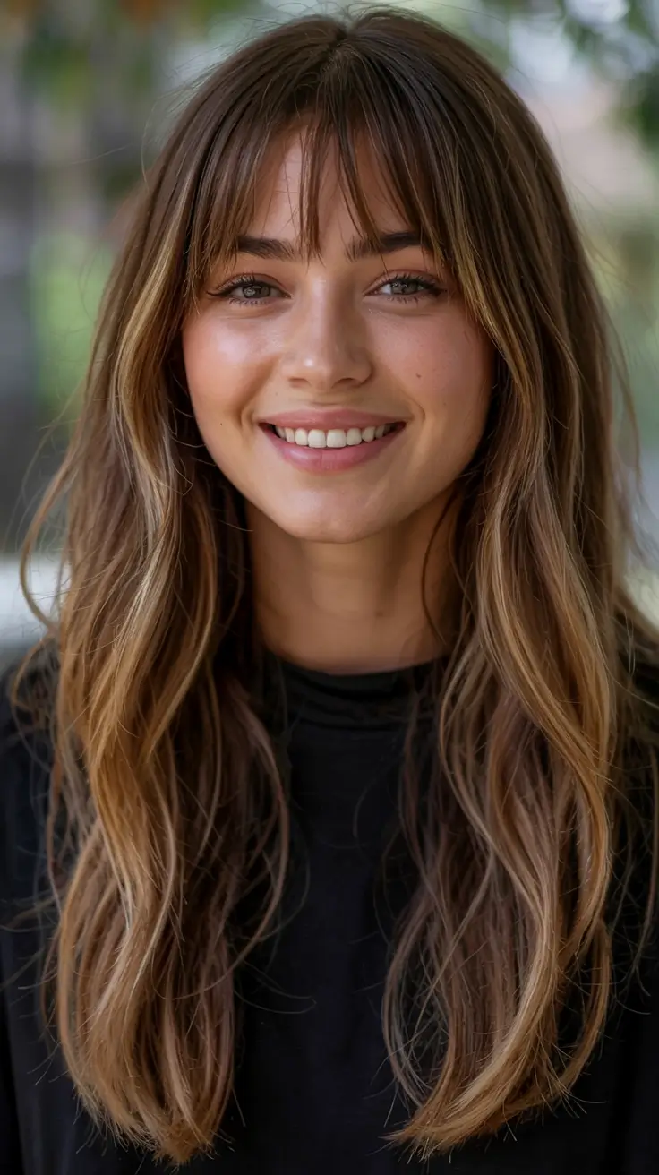 fall hairstyles for round faces ideas 2025 Blended Bronde with Long Bottleneck Bangs
