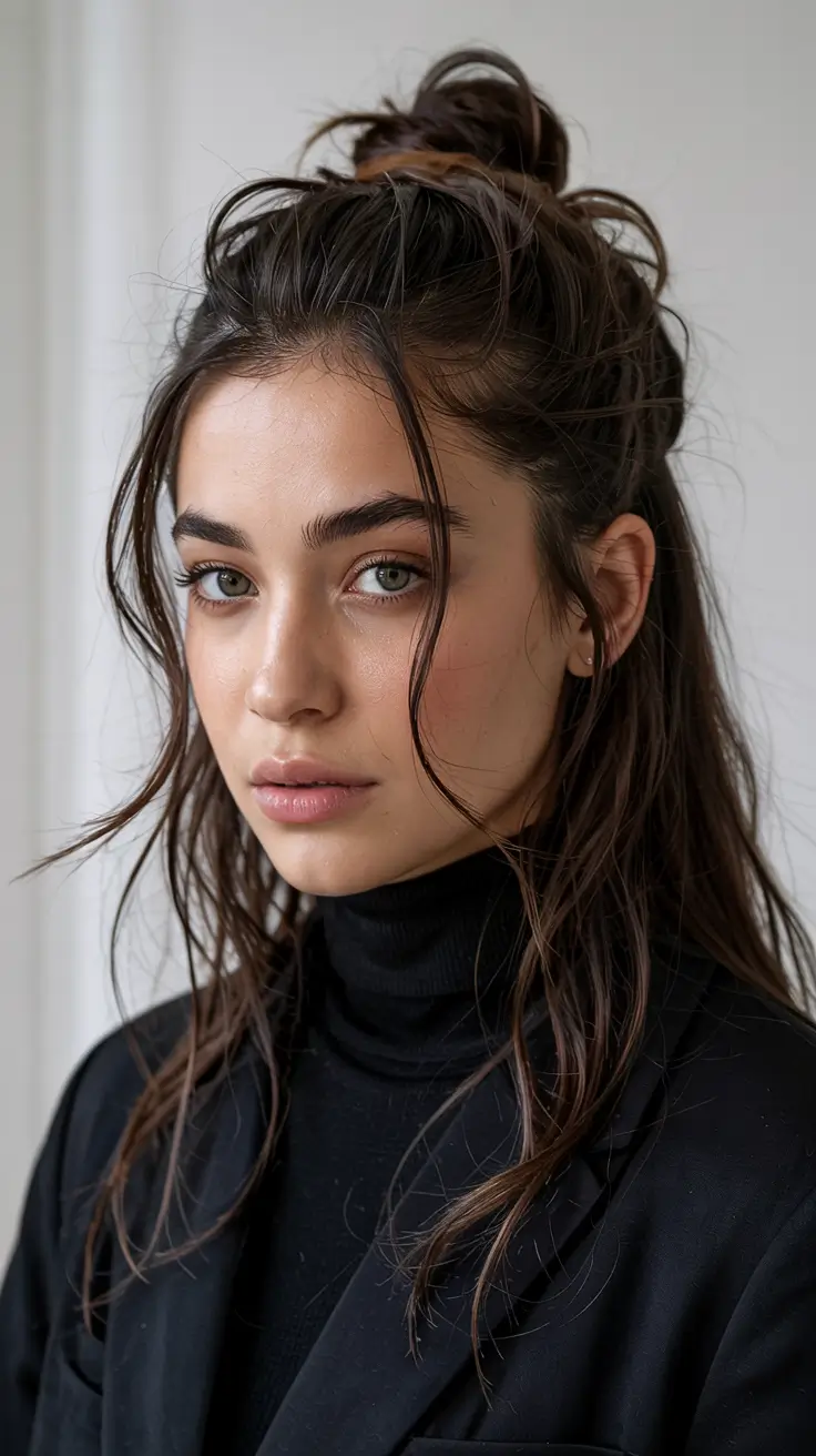 fall hairstyles for round faces ideas 2025 Half-Up Texture with Face-Framing Pieces