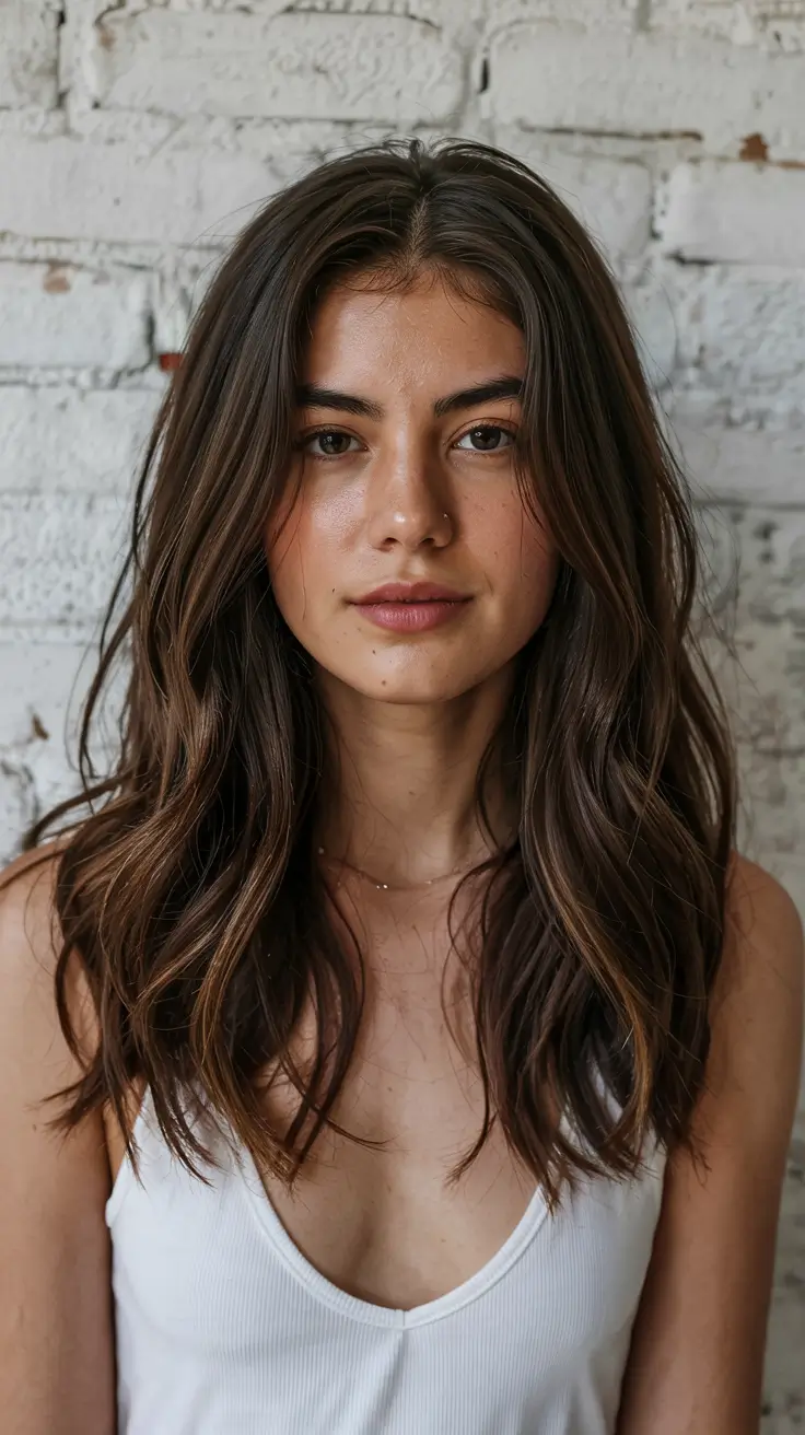 fall hairstyles for round faces ideas 2025 Textured Layers with a Center Part