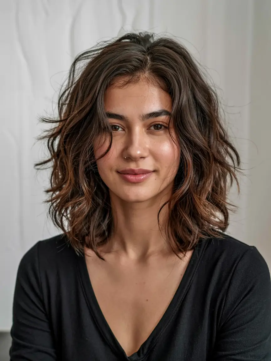 fall hairstyles for women over 40 ideas 2025+Tousled Brunette Lob with Whispered Highlights