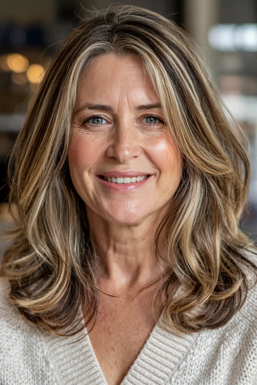 fall hairstyles for women over 40 ideas 2025+Layered Curtain Waves with Soft Lowlights