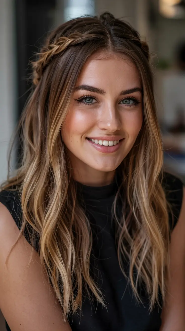 fall hairstyles for women over 40 ideas 2025+Braided Crown with Effortless Length