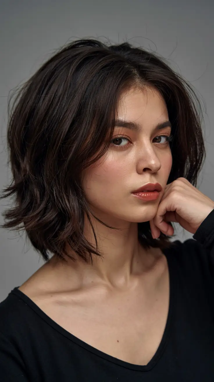 fall hairstyles for women over 40 ideas 2025+Dark Rooted Tousled Bob with Choppy Layers