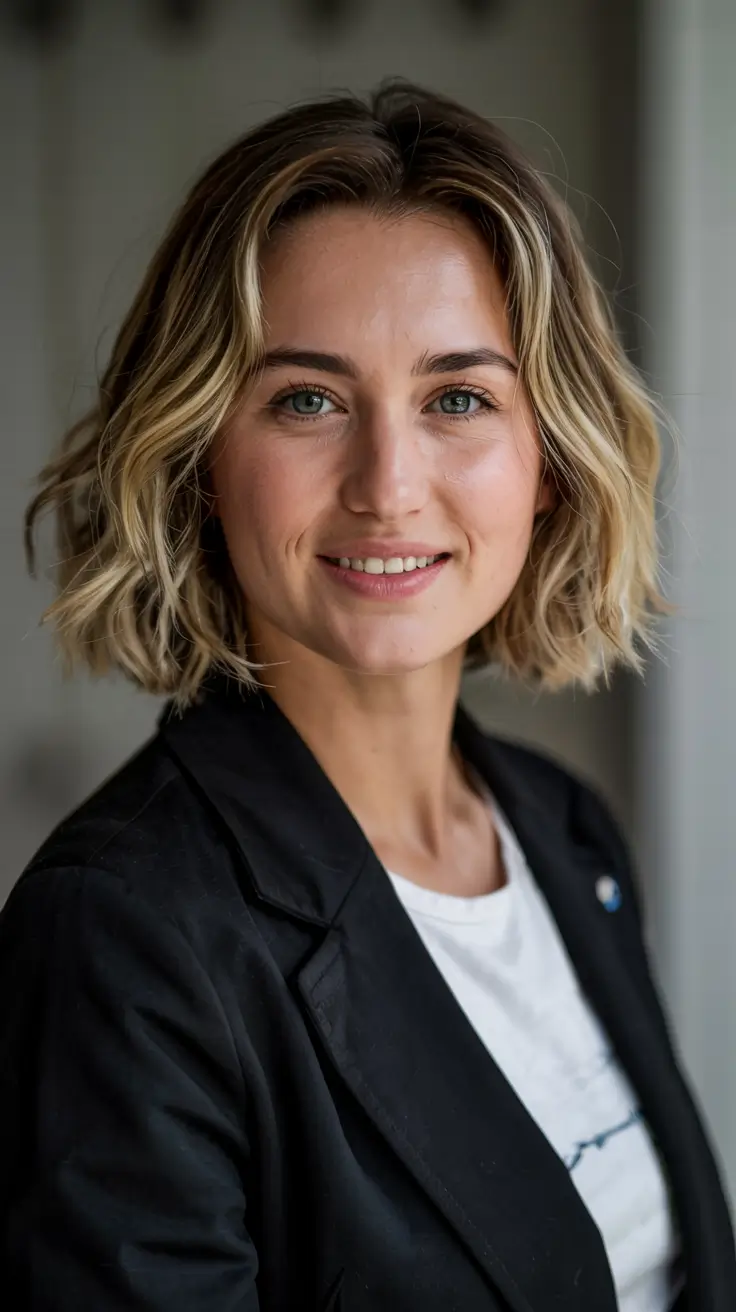 fall hairstyles for women over 40 ideas 2025+Airy Wavy Bob with Rooty Blonde Tones