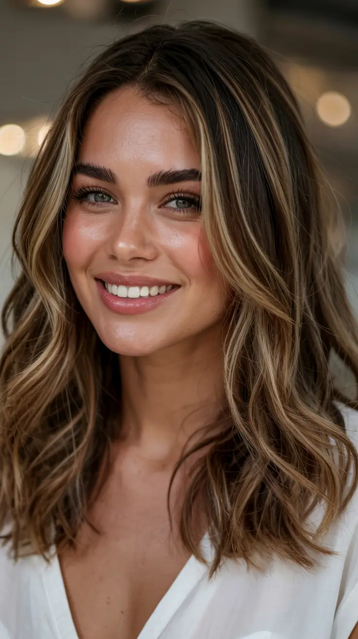 fall hairstyles for women over 40 ideas 2025+Multi-Dimensional Honey Waves with a Center Part