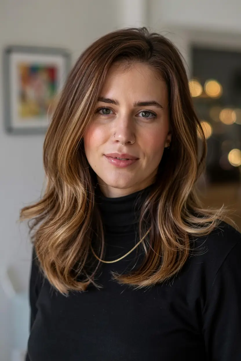 fall hairstyles for women over 40 ideas 2025+Soft Golden Layers with a Sweeping Part