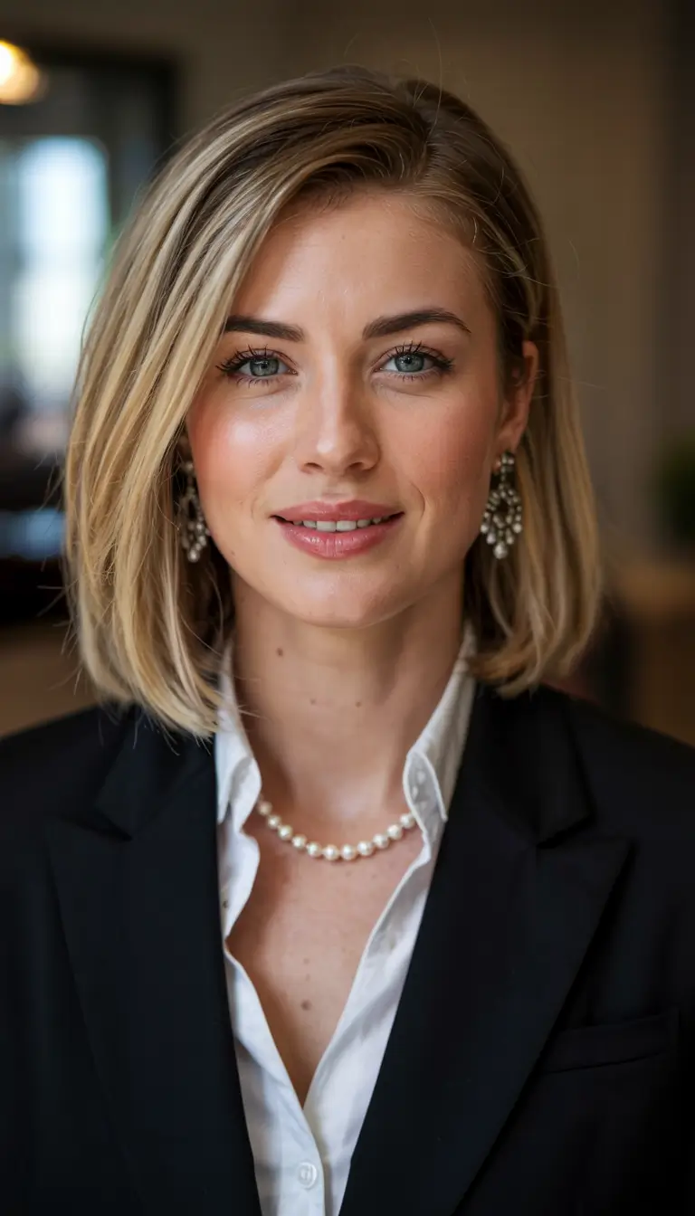 fall hairstyles for women over 40 ideas 2025+Polished French Bob with Blonde Gloss