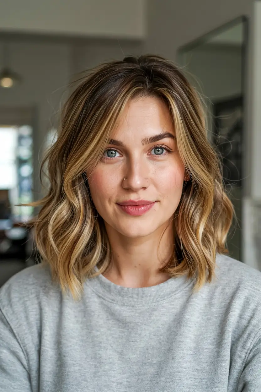 fall hairstyles for women over 40 ideas 2025+Golden Mid-Bob with Piecey Texture