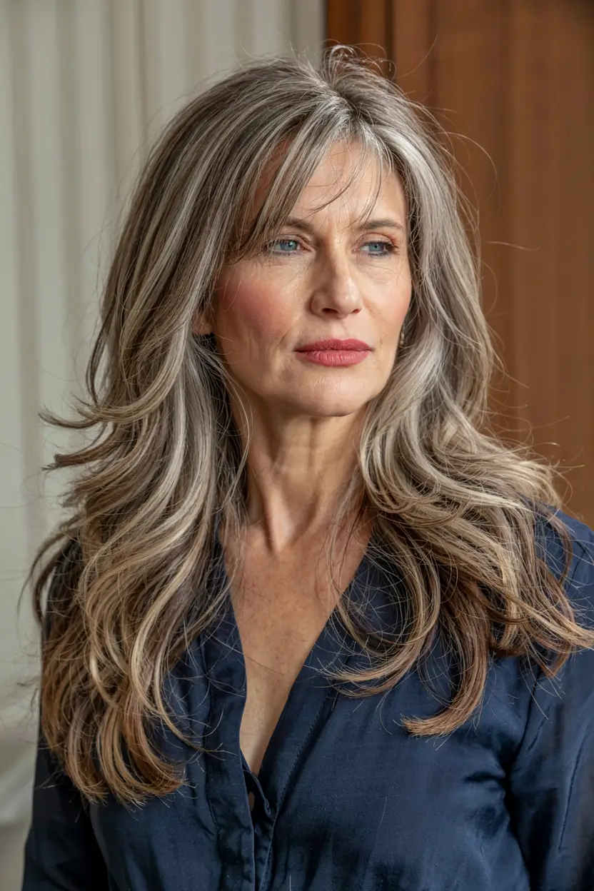 fall hairstyles for women over 50 ideas 2025 Multi-Layered Long Silver With Modern Face Frame