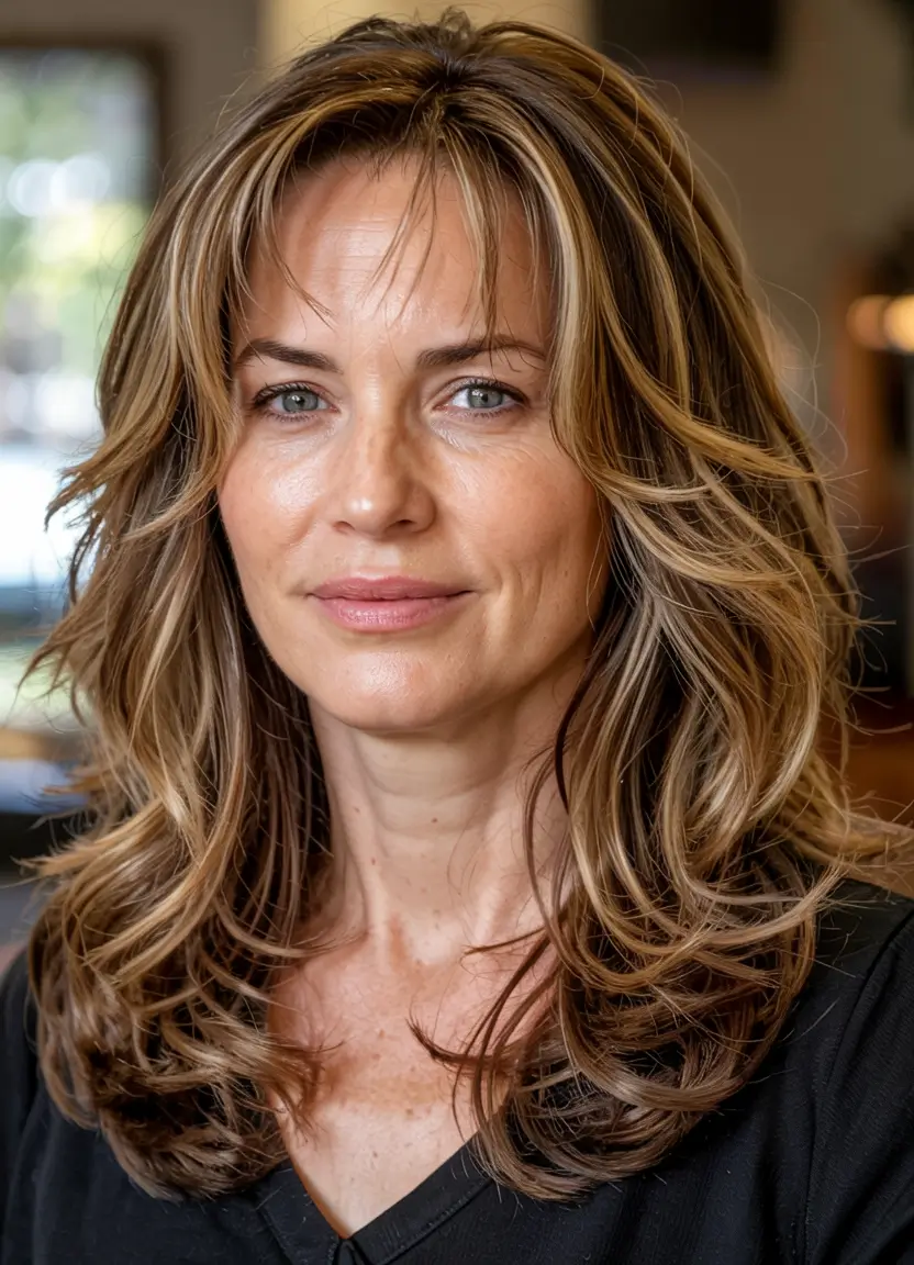 fall hairstyles for women over 50 ideas 2025 Golden Brown Butterfly Layers With Soft Curtain Bangs