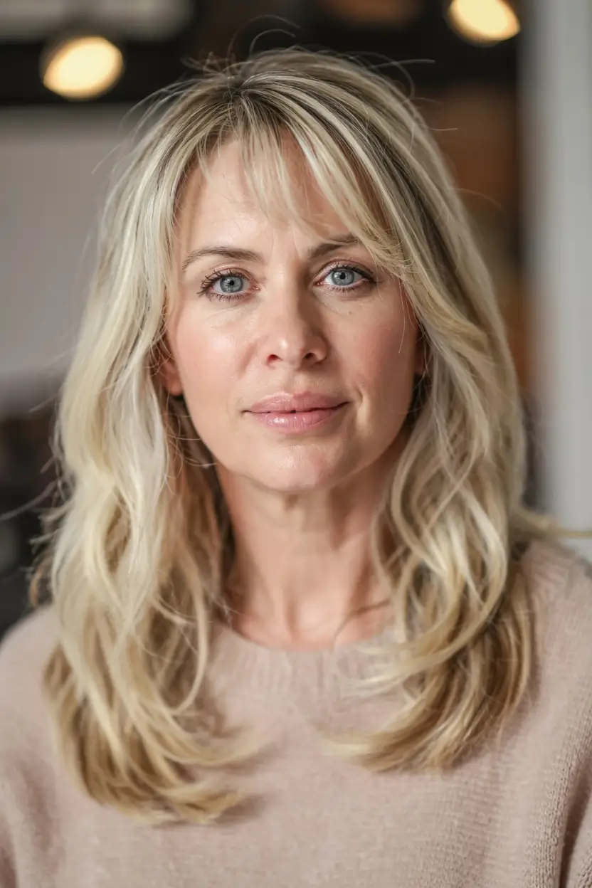 fall hairstyles for women over 50 ideas 2025 Creamy Blonde Shoulder Layers With Airy Fringe