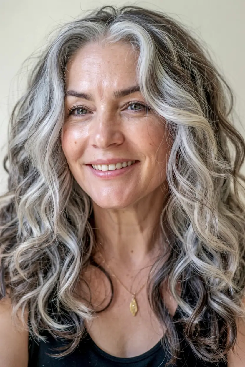 fall hairstyles for women over 50 ideas 2025 Long Silver Curls With Dimensional Highlights