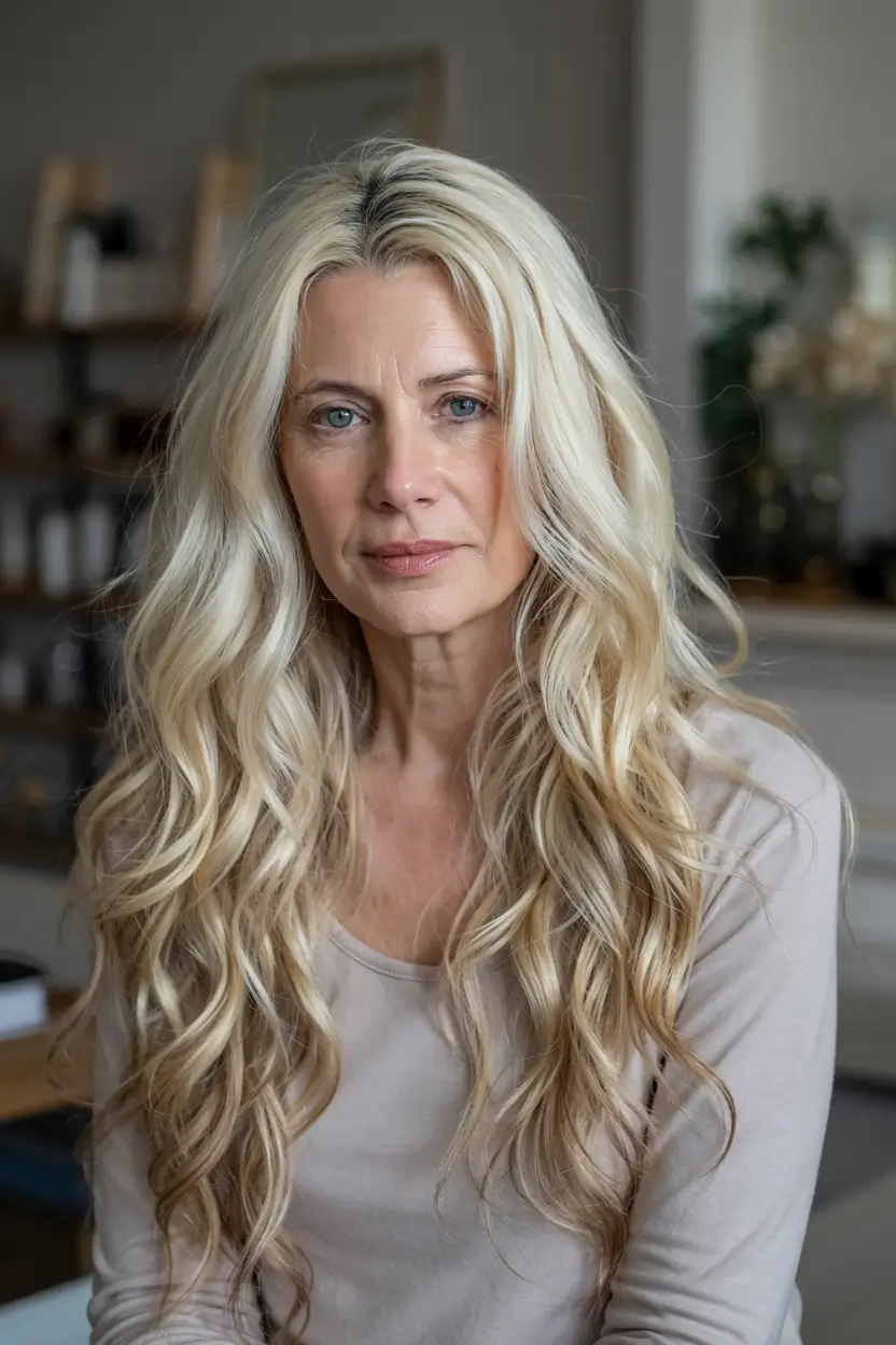 fall hairstyles for women over 50 ideas 2025 Long Butter-Blonde Waves with Effortless Elegance
