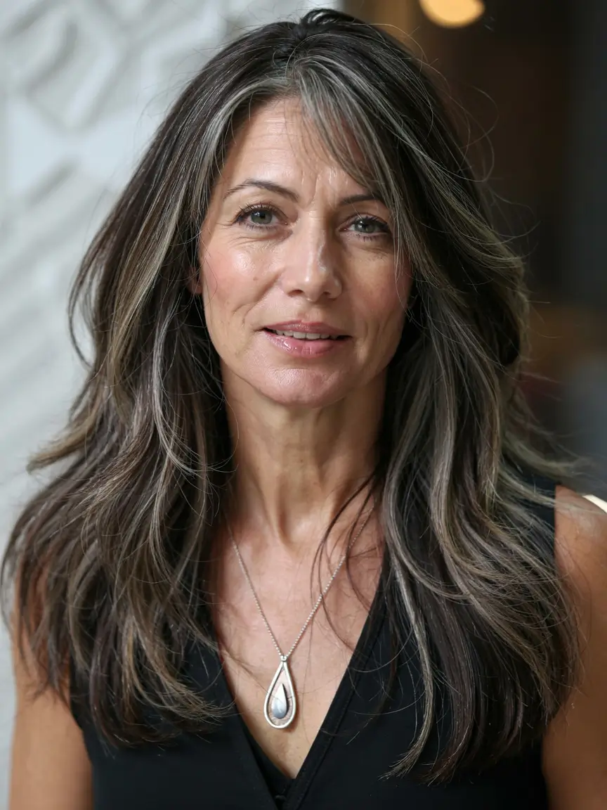 fall hairstyles for women over 50 ideas 2025 Salt-and-Pepper Glam with Body and Shine