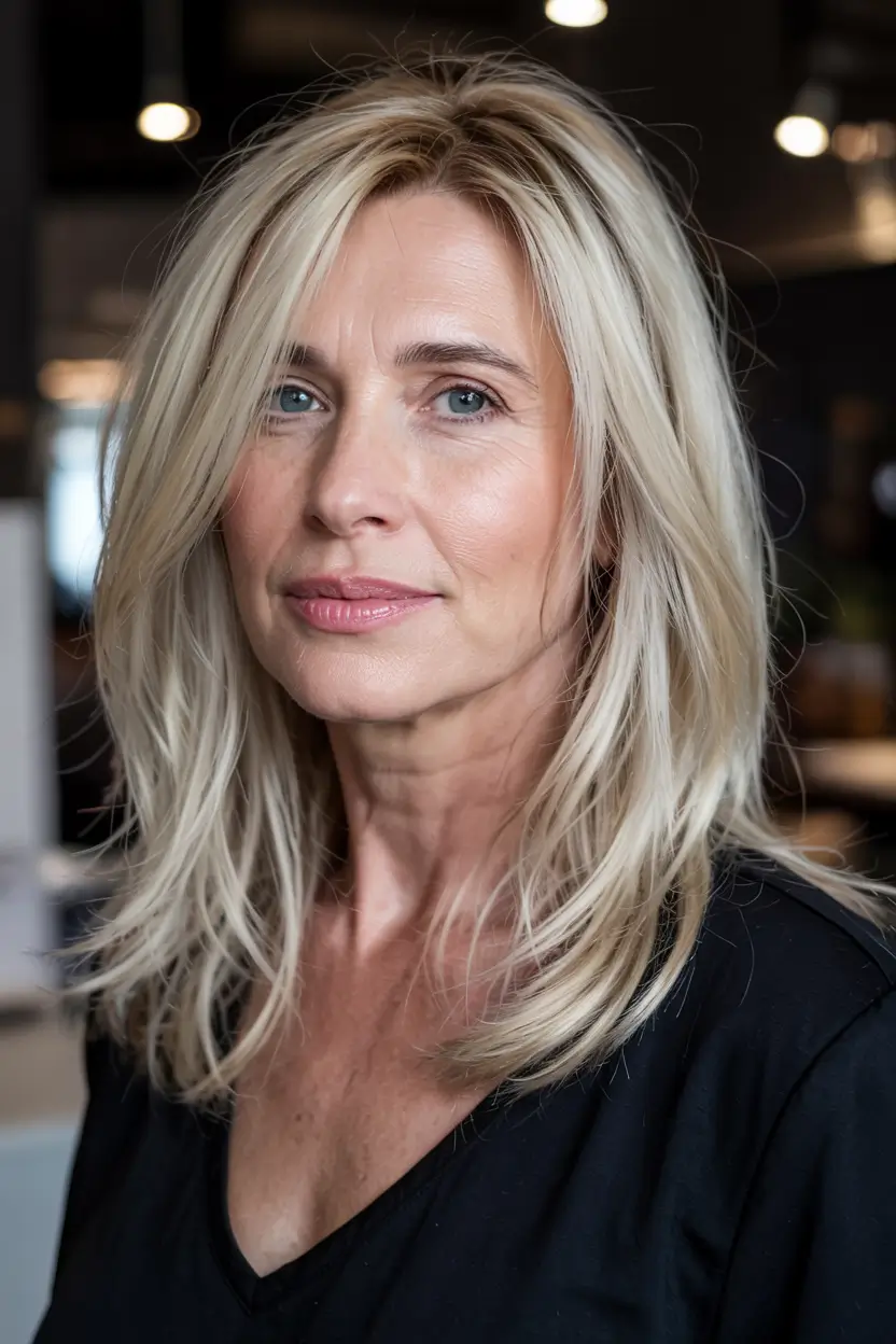 fall hairstyles for women over 50 ideas 2025 Feathered Champagne Layers With Side-Swept Movement