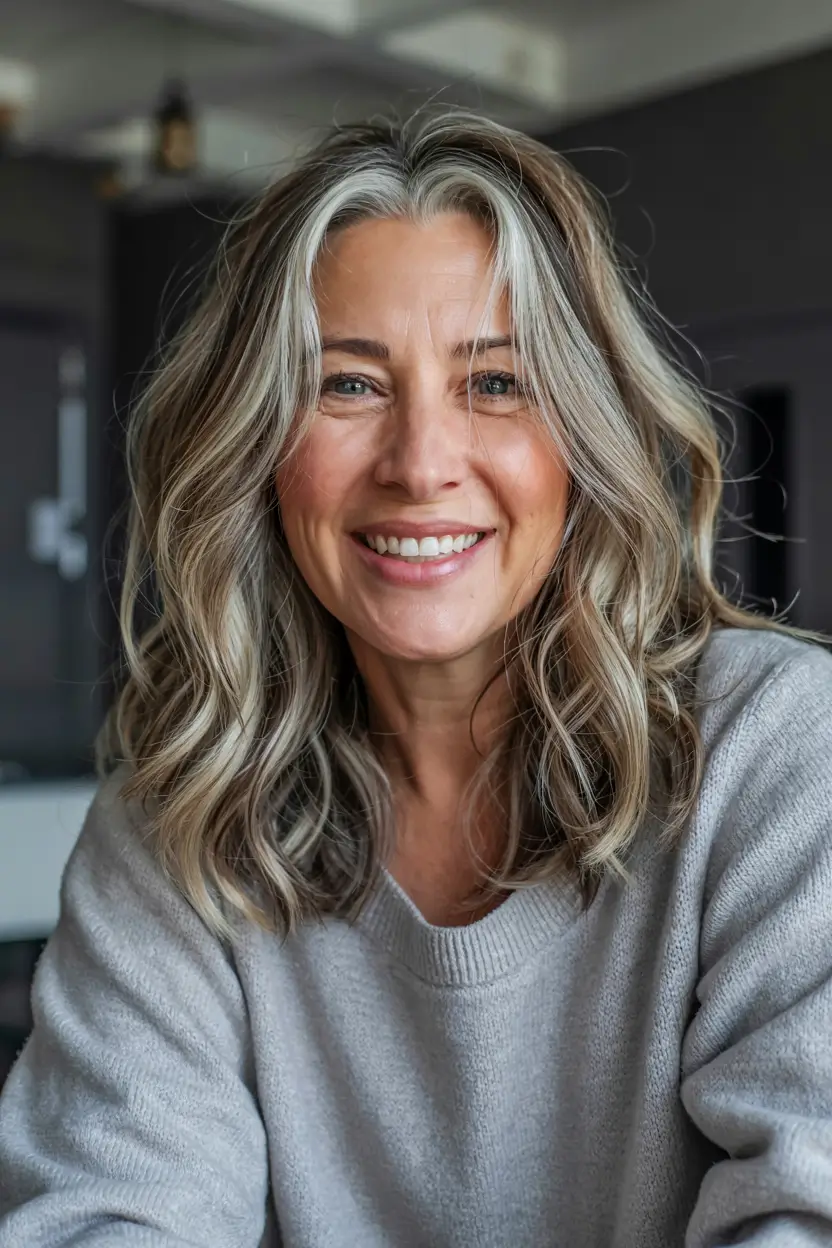 fall hairstyles for women over 50 ideas 2025 Wavy Gray Lob With Face-Lit Brightness