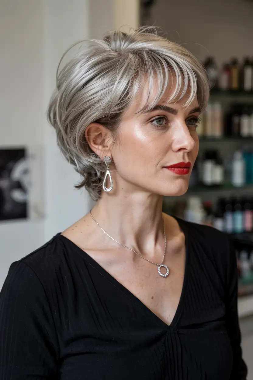 fall hairstyles for women over 60 ideas 2025 Layered Silver Crop with Soft Fringe