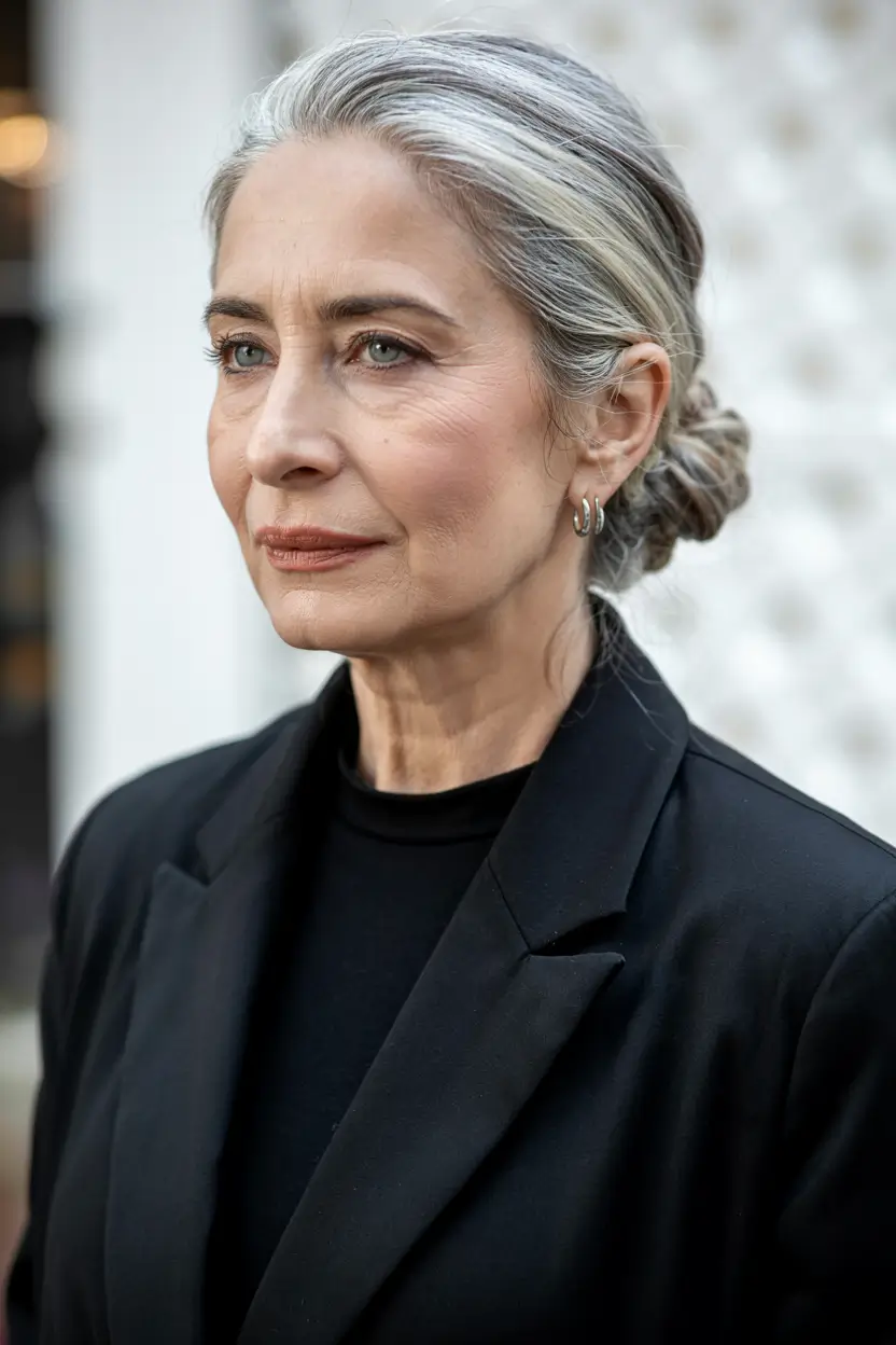 fall hairstyles for women over 60 ideas 2025 Sleek Low Twist with Silver Streaks