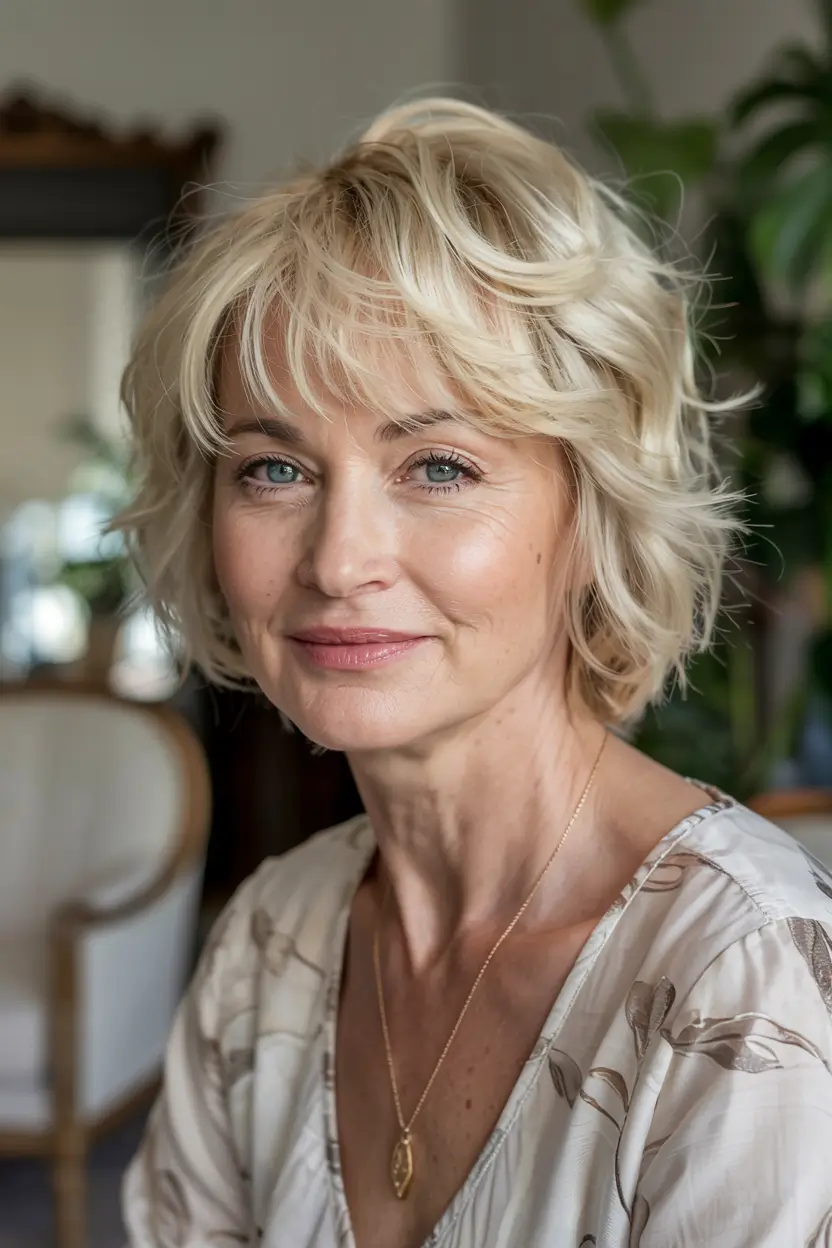 fall hairstyles for women over 60 ideas 2025 Feathered Blonde Bob with Light Bangs