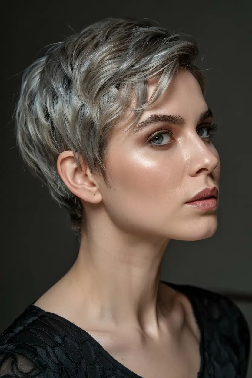 fall hairstyles for women over 60 ideas 2025 Modern Silver Pixie with Layered Texture