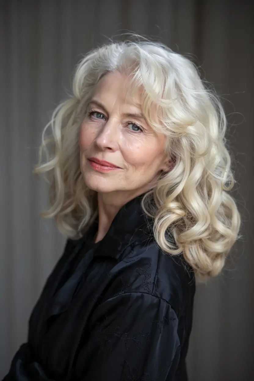 fall hairstyles for women over 60 ideas 2025 Long Soft Curls in Icy Blonde