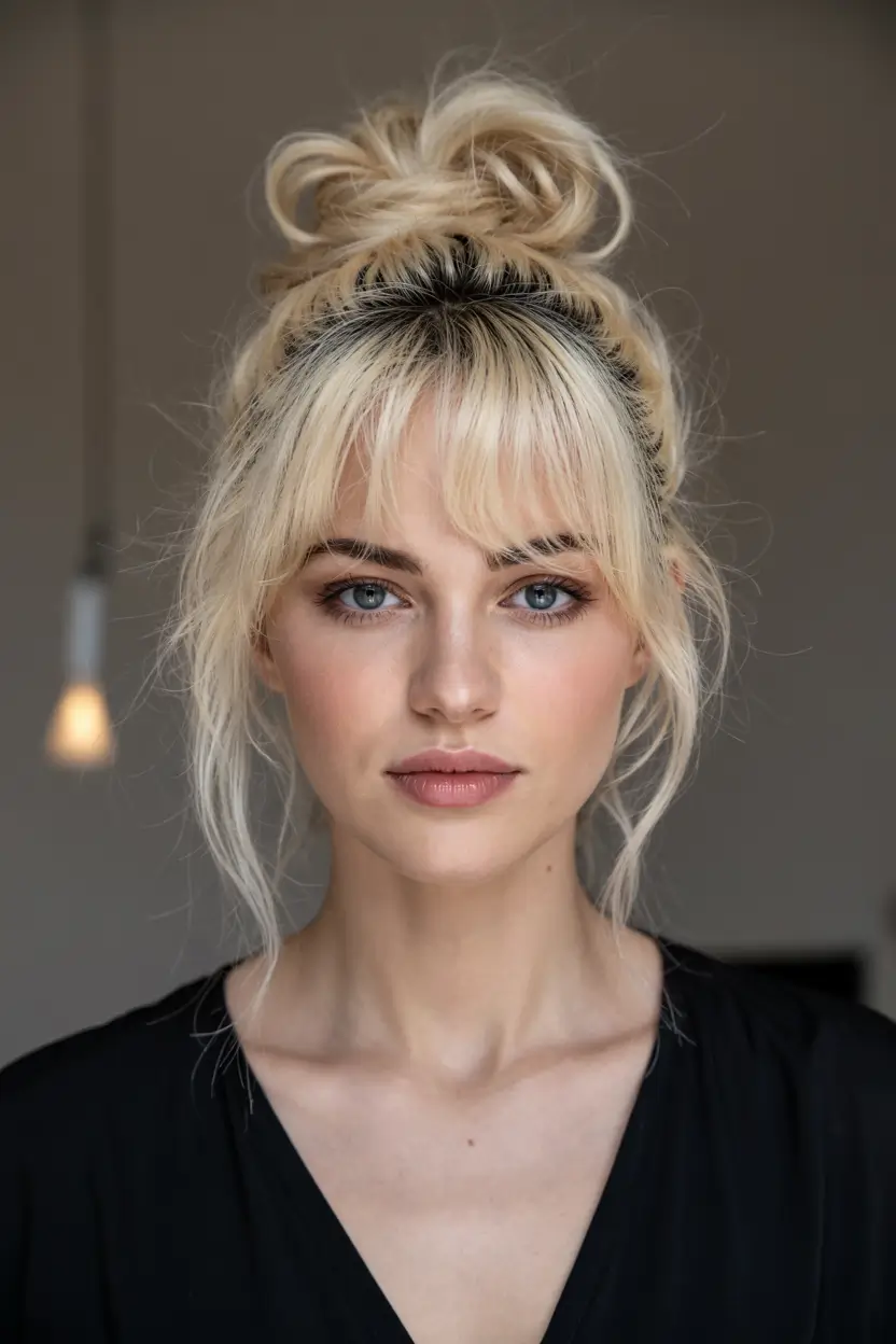 fall hairstyles for women over 60 ideas 2025 Messy Top Knot with Fringe