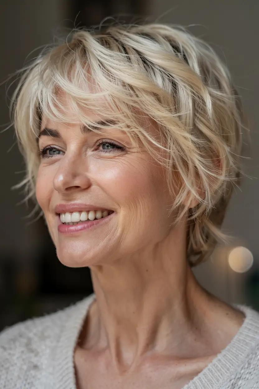 fall hairstyles for women over 60 ideas 2025 Soft Blonde Shag with Face-Framing Fringe