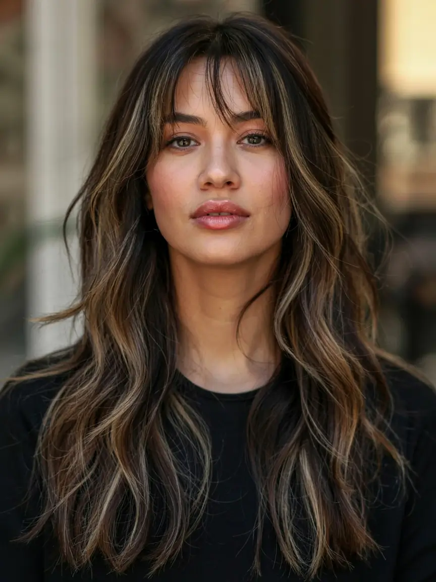 fall long haircut ideas 2025+Soft Volume Shag with Bardot Bangs