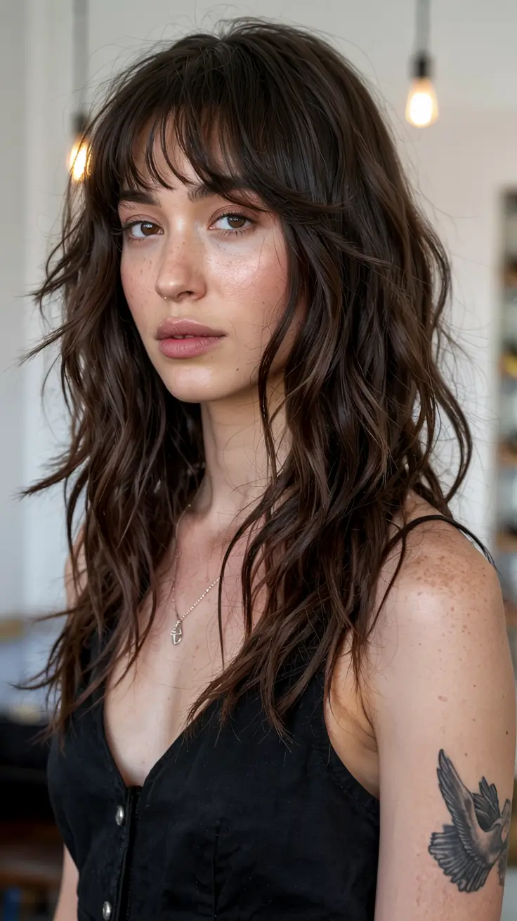 fall long haircut ideas 2025+Modern Muse Shag with Shattered Fringe